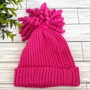 New Handmade Crochet Hot Pink Curly Pom Pom Girl's Knit Winter Hat